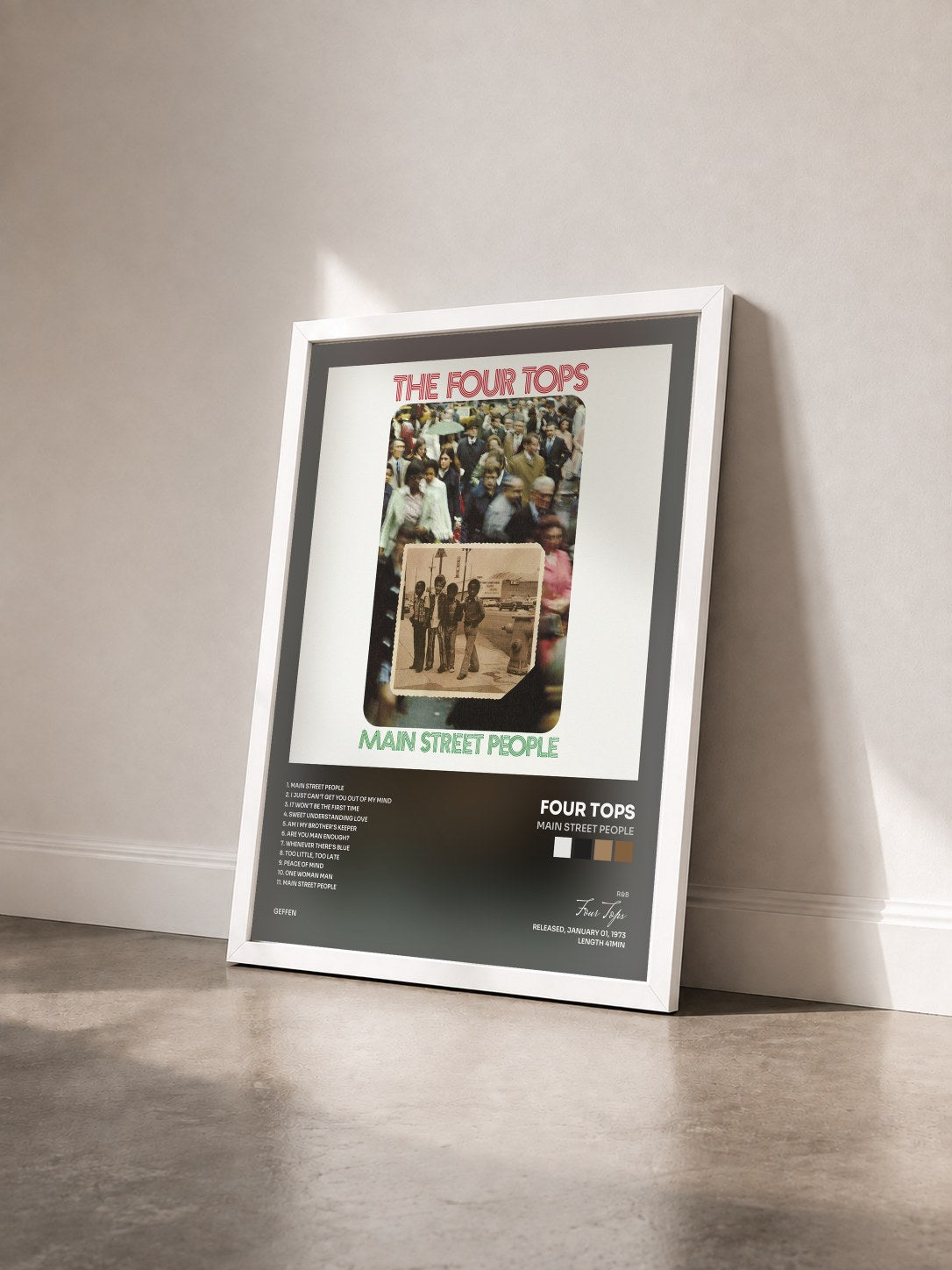 #blanc Tableau de l'album Main Street People de Four Tops vu de trois quarts, cadre blanc