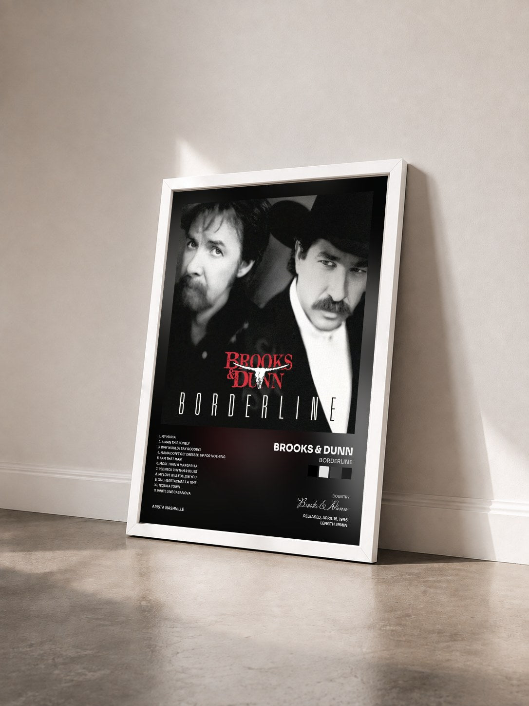 #blanc Tableau de l'album Borderline de Brooks & Dunn vu de trois quarts, cadre blanc