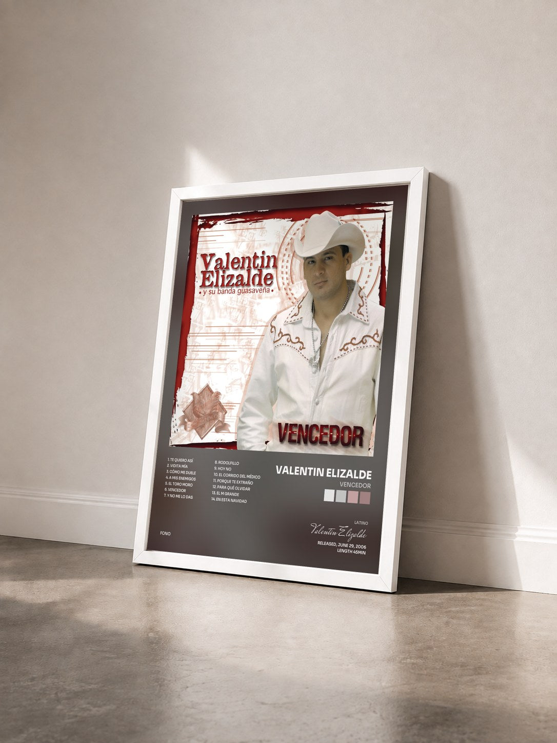 #blanc Tableau de l'album Vencedor de Valentin Elizalde vu de trois quarts, cadre blanc