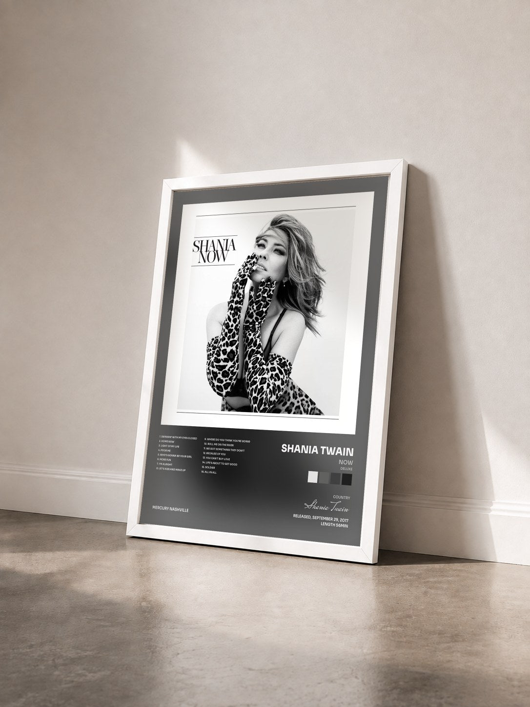 #blanc Tableau de l'album Now (Deluxe) de Shania Twain vu de trois quarts, cadre blanc