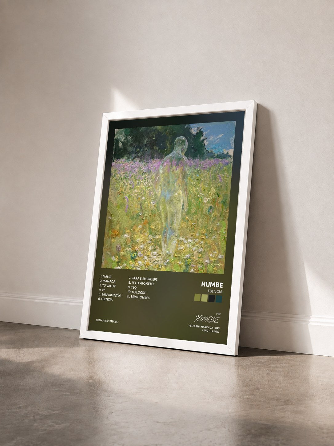 #blanc Tableau de l'album ESENCIA de HUMBE vu de trois quarts, cadre blanc