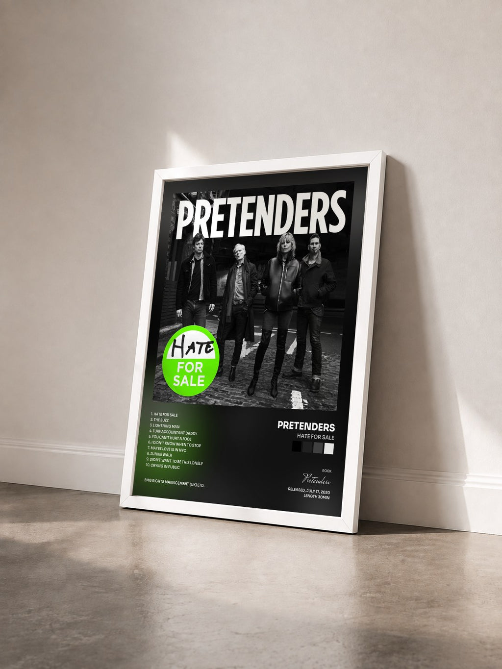 #blanc Tableau de l'album Hate for Sale de Pretenders vu de trois quarts, cadre blanc