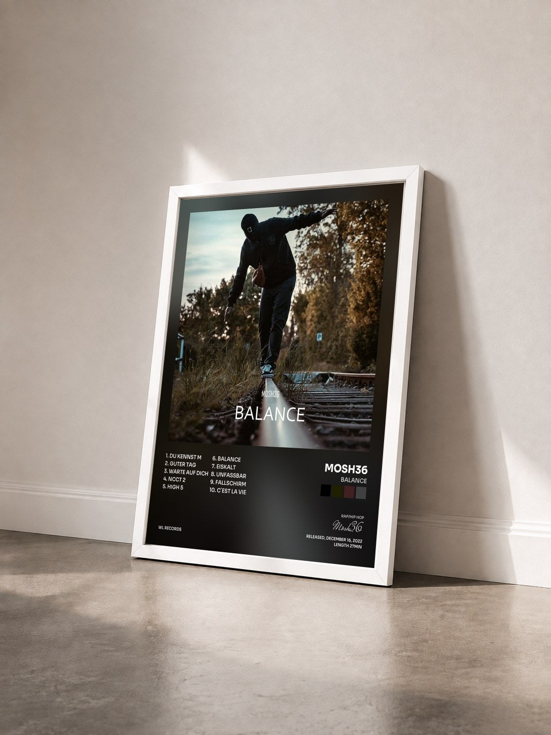 #blanc Tableau de l'album Balance de Mosh36 vu de trois quarts, cadre blanc
