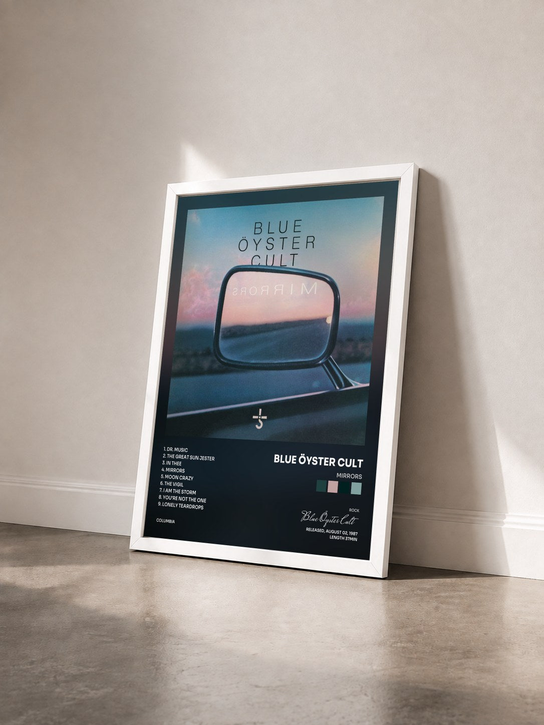 #blanc Tableau de l'album Mirrors de Blue Öyster Cult vu de trois quarts, cadre blanc