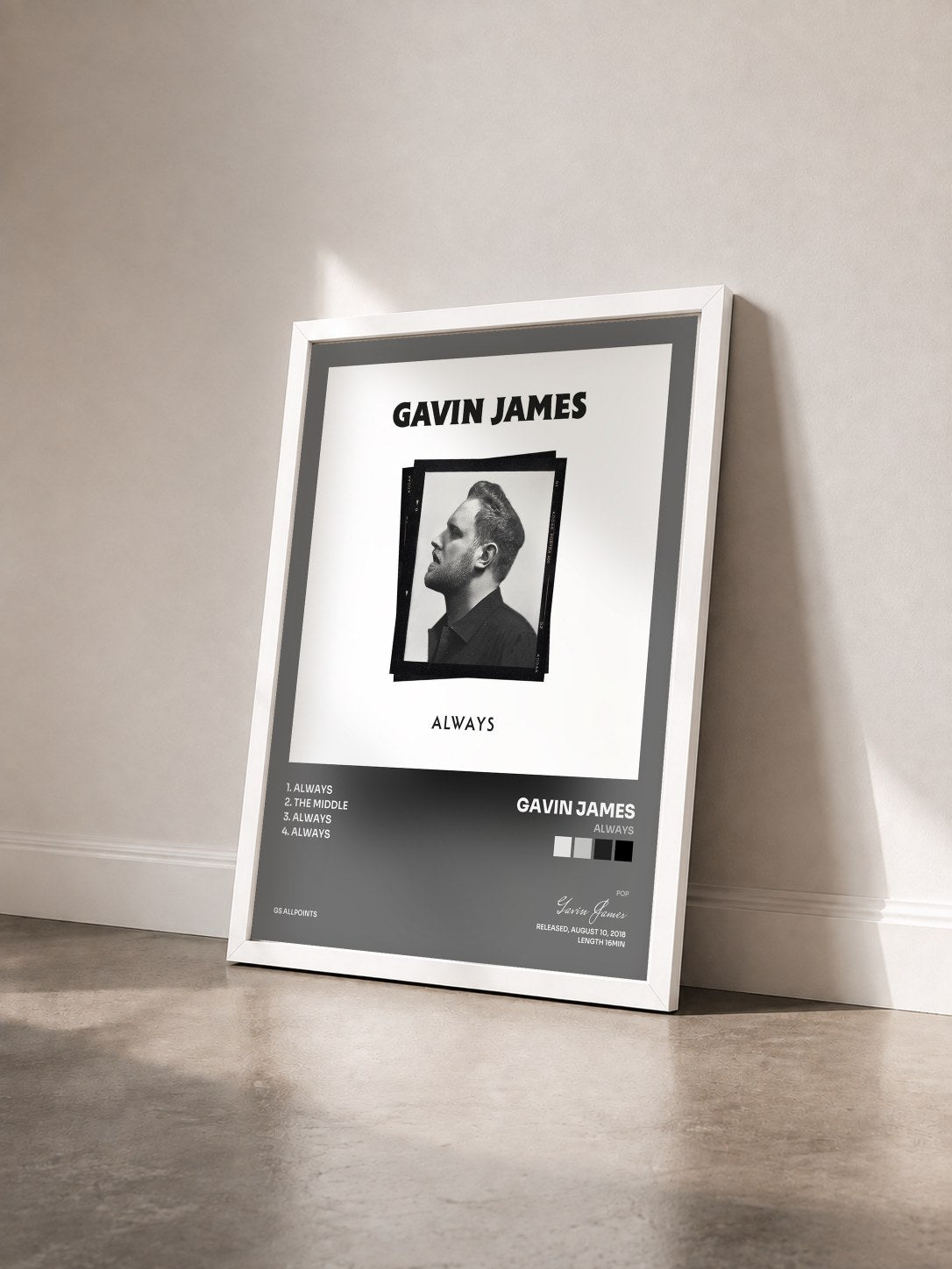 #blanc Tableau de l'album Always de Gavin James vu de trois quarts, cadre blanc