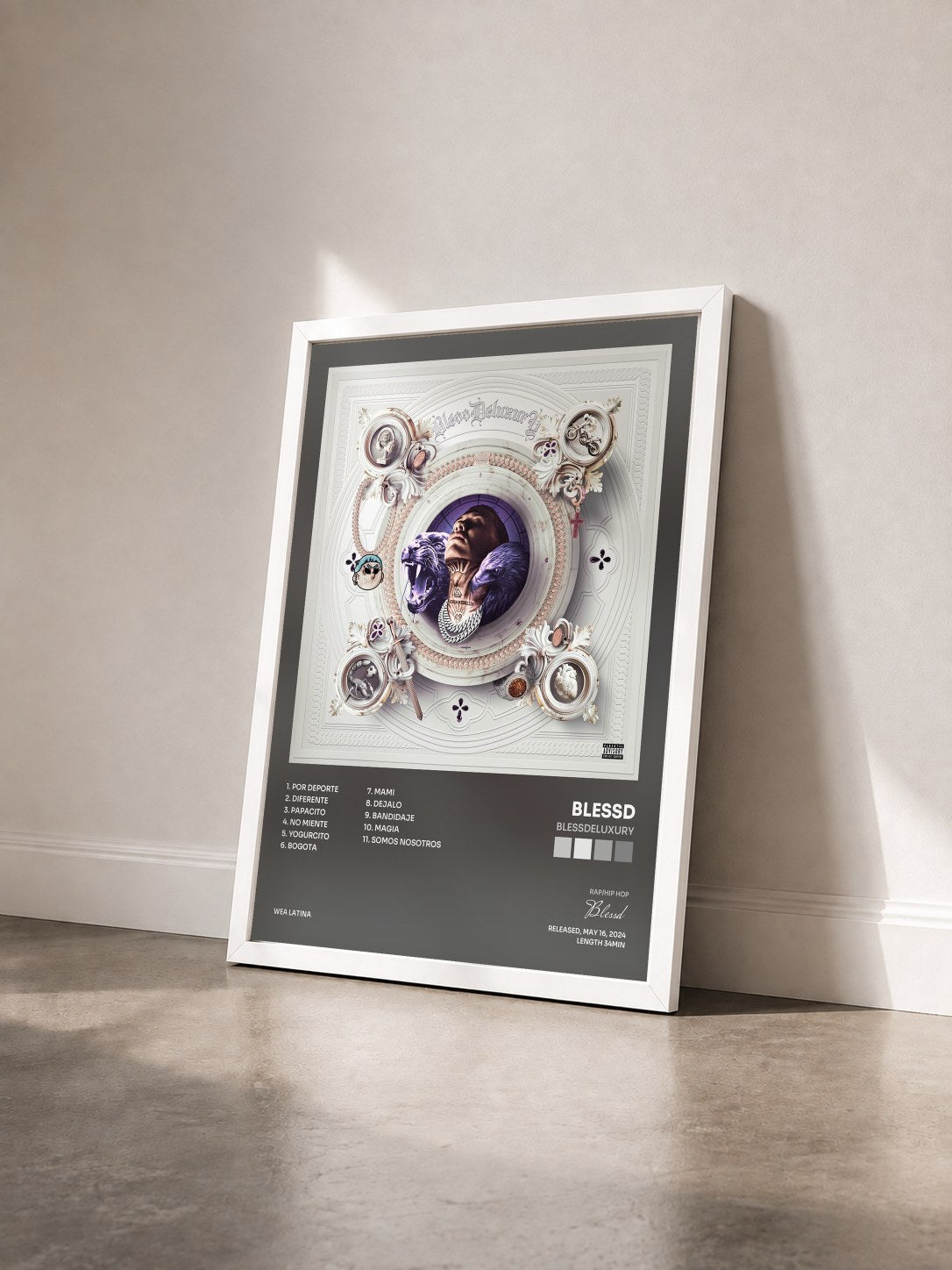 #blanc Tableau de l'album BlessDeluxury de Blessd vu de trois quarts, cadre blanc