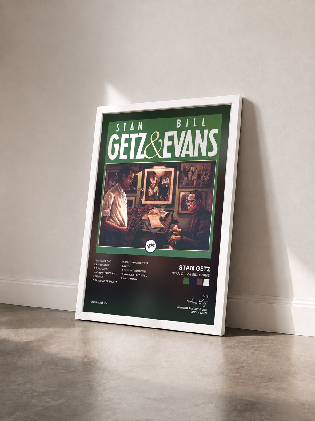 #blanc Tableau de l'album Stan Getz & Bill Evans de Stan Getz vu de trois quarts, cadre blanc