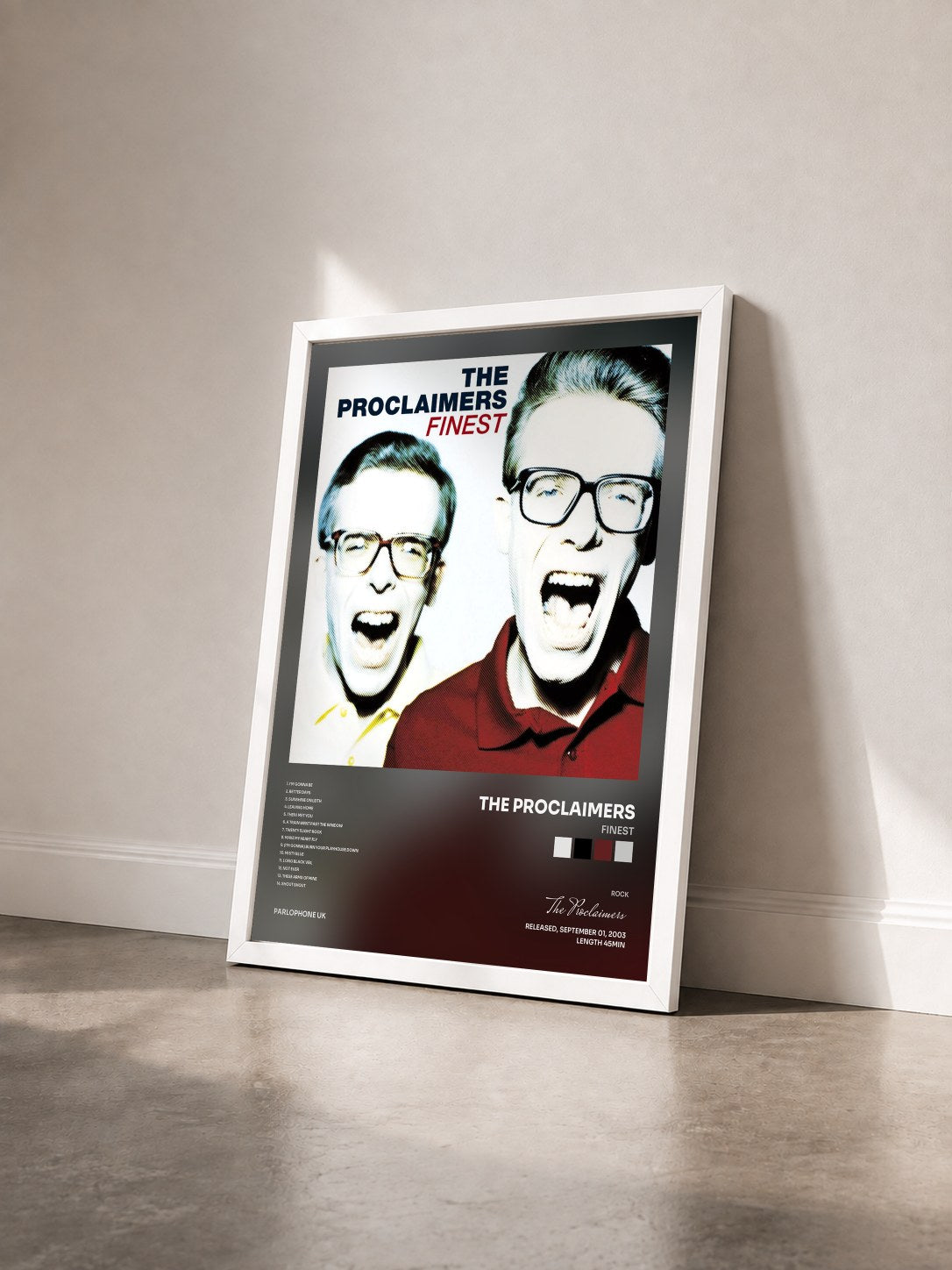 #blanc Tableau de l'album Finest de The Proclaimers vu de trois quarts, cadre blanc