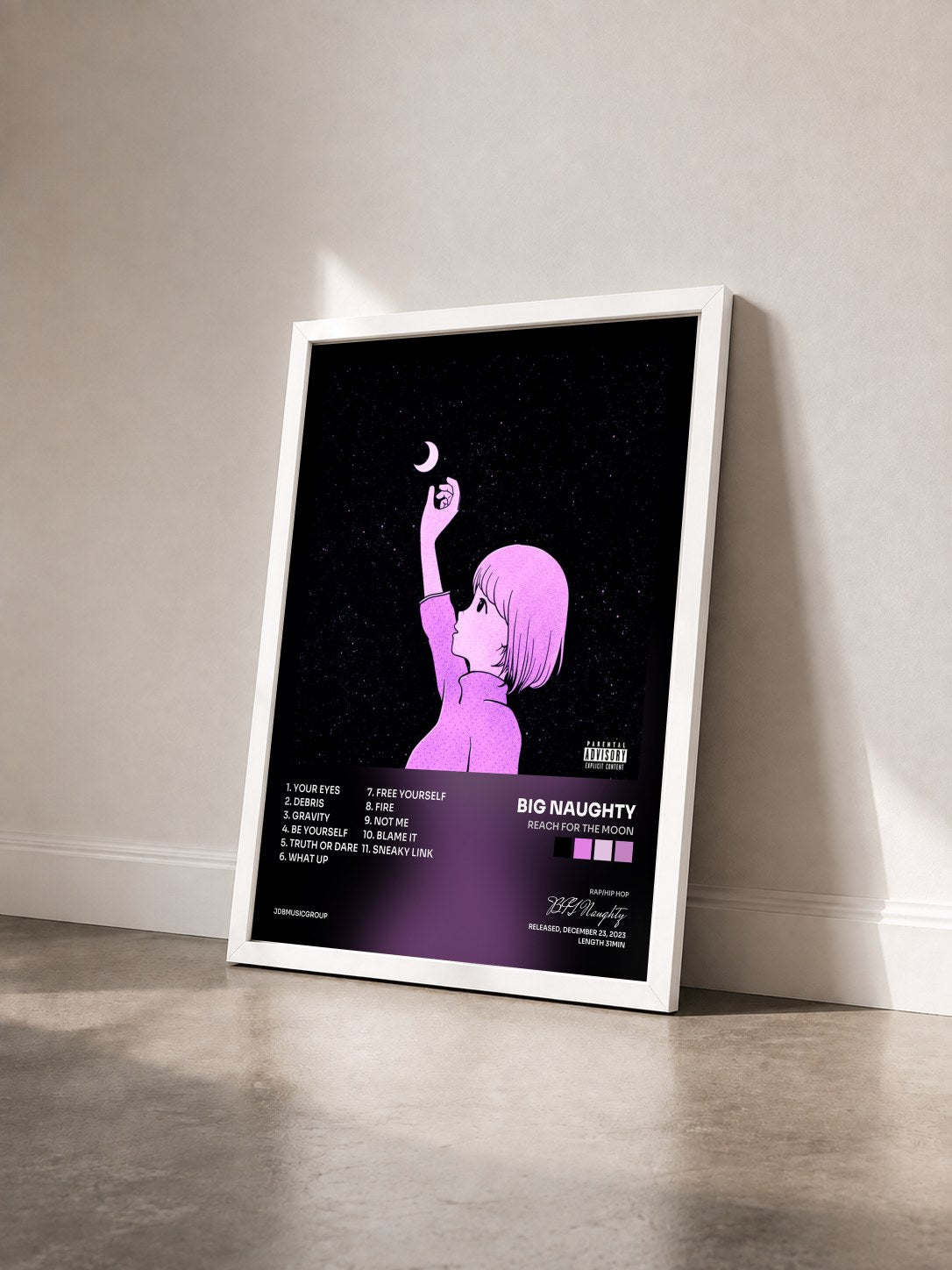 #blanc Tableau de l'album Reach for the Moon de BIG Naughty vu de trois quarts, cadre blanc
