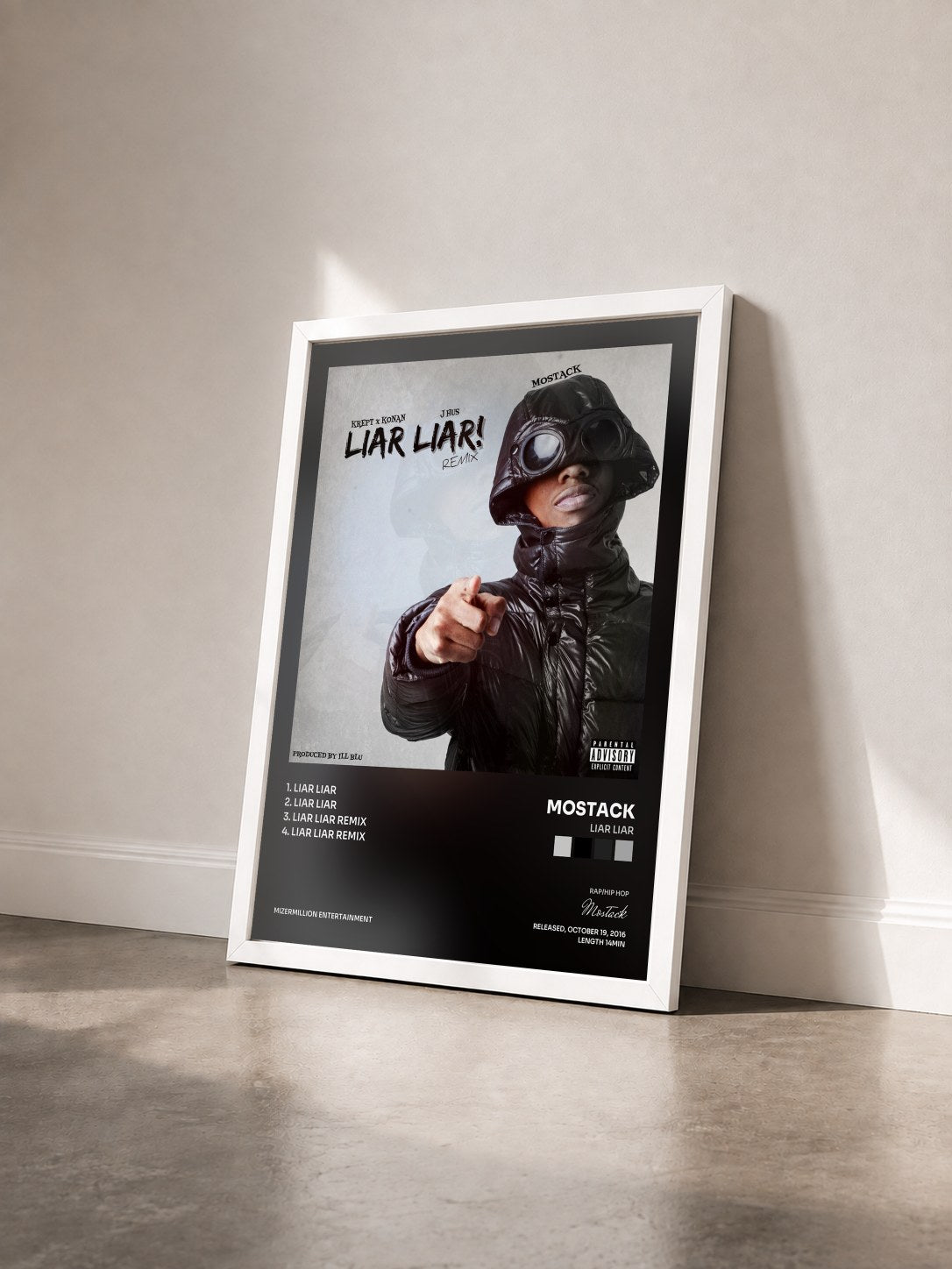 #blanc Tableau de l'album Liar Liar de Mostack vu de trois quarts, cadre blanc