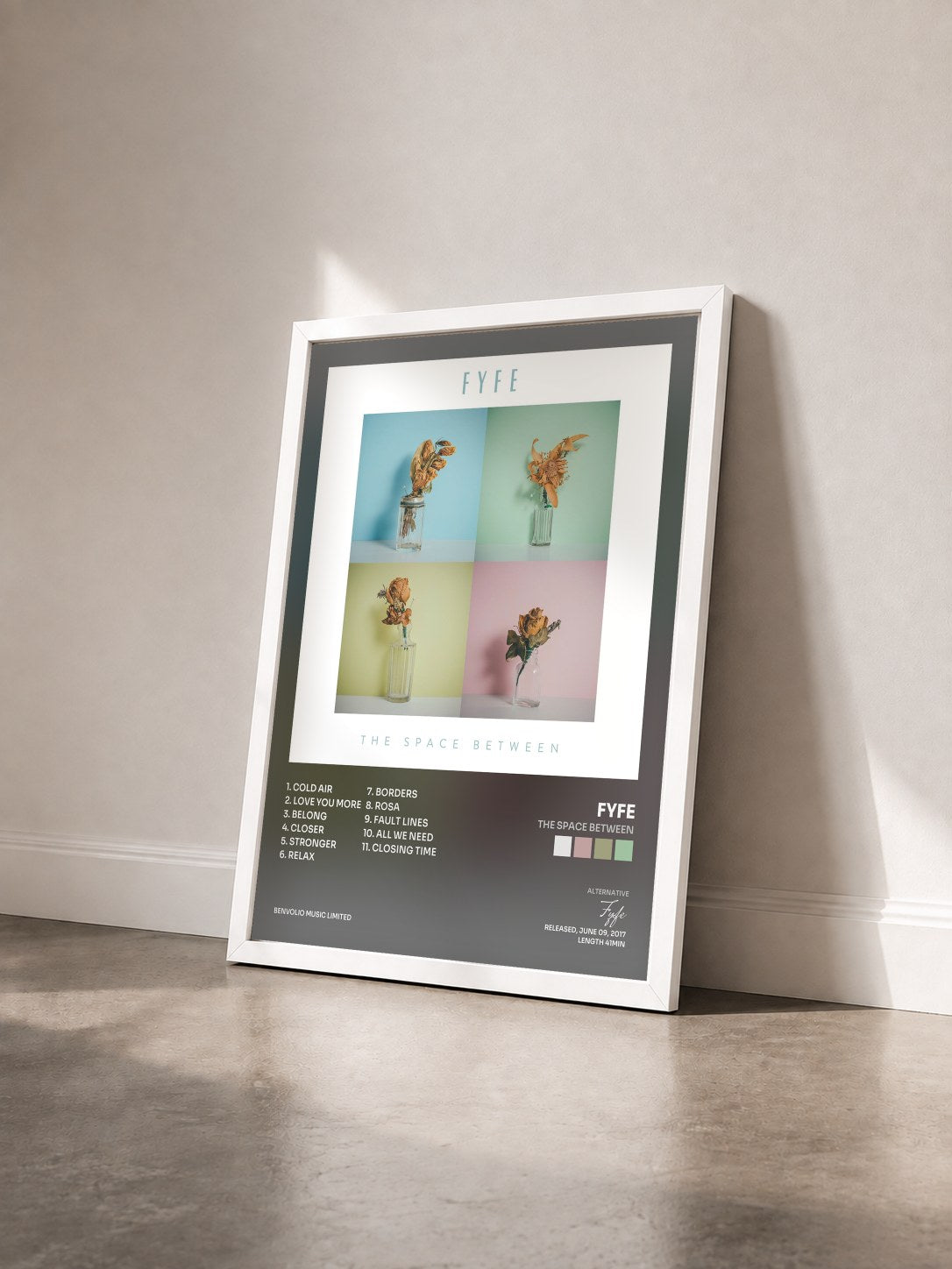 #blanc Tableau de l'album The Space Between de Fyfe vu de trois quarts, cadre blanc