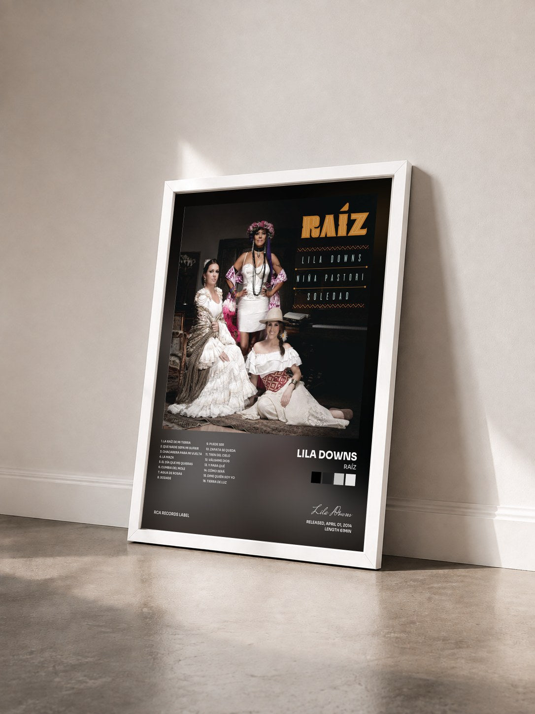 #blanc Tableau de l'album Raíz de Lila Downs vu de trois quarts, cadre blanc