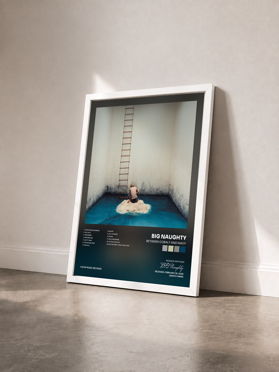 #blanc Tableau de l'album Between Cobalt and Navy de BIG Naughty vu de trois quarts, cadre blanc