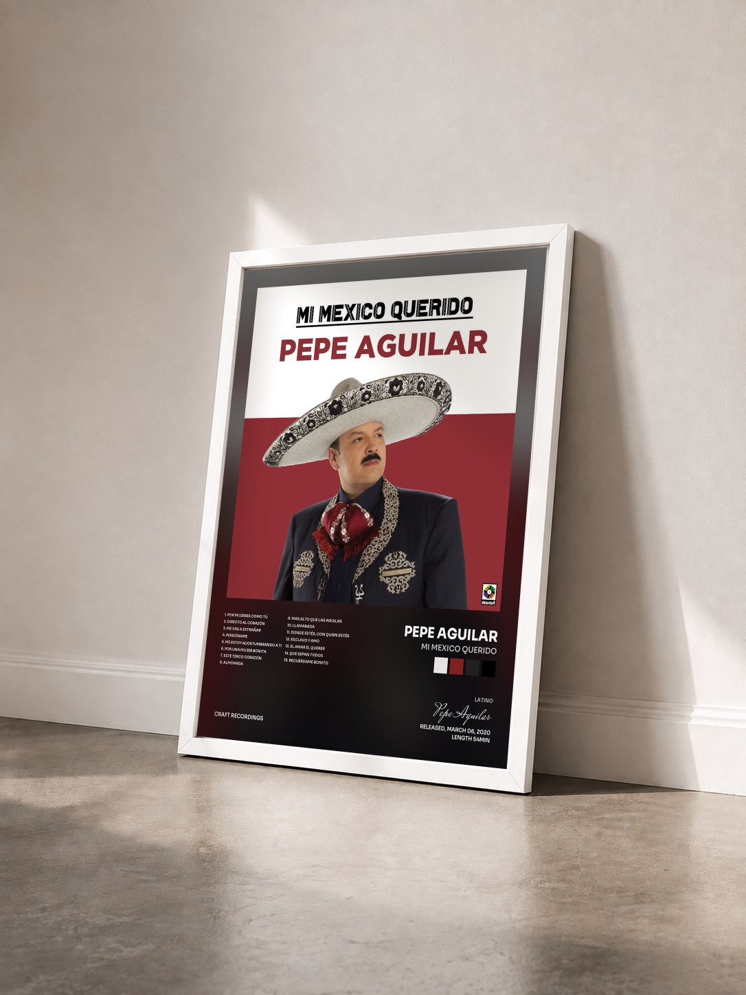 #blanc Tableau de l'album Mi Mexico Querido de Pepe Aguilar vu de trois quarts, cadre blanc