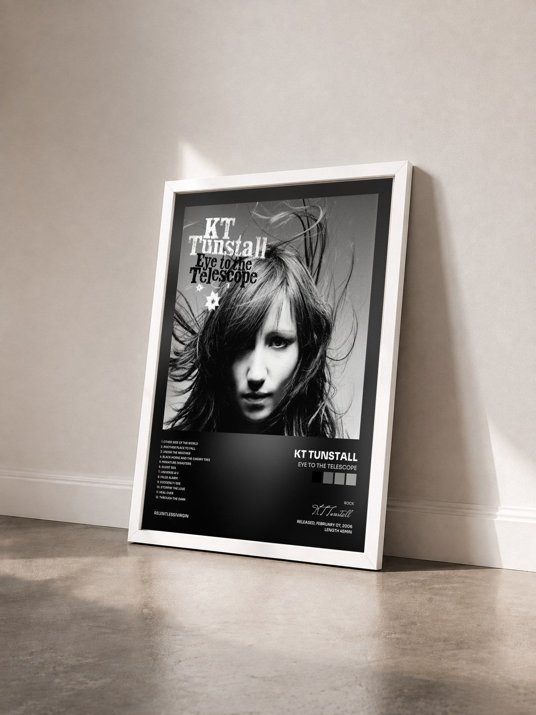#blanc Tableau de l'album Eye To The Telescope de KT Tunstall vu de trois quarts, cadre blanc