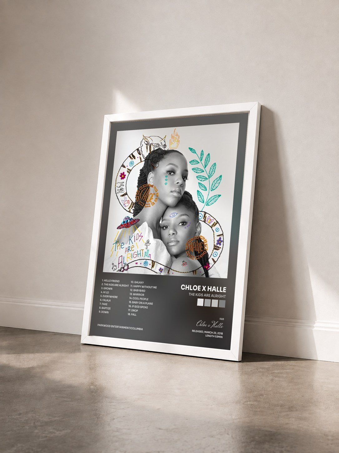 #blanc Tableau de l'album The Kids Are Alright de Chloe x Halle vu de trois quarts, cadre blanc
