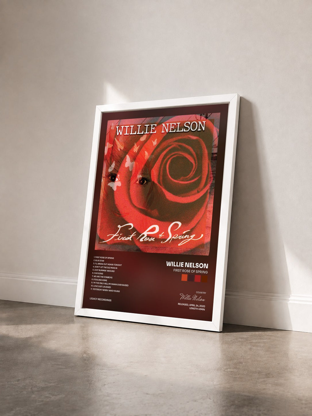 #blanc Tableau de l'album First Rose of Spring de Willie Nelson vu de trois quarts, cadre blanc