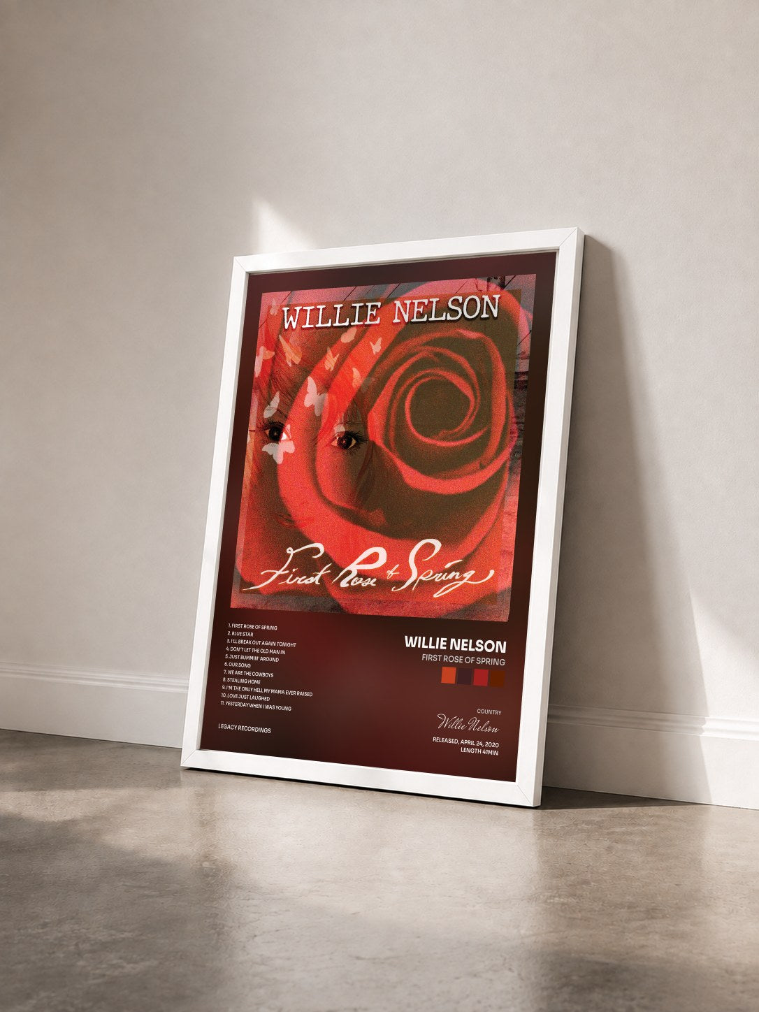 #blanc Tableau de l'album First Rose of Spring de Willie Nelson vu de trois quarts, cadre blanc