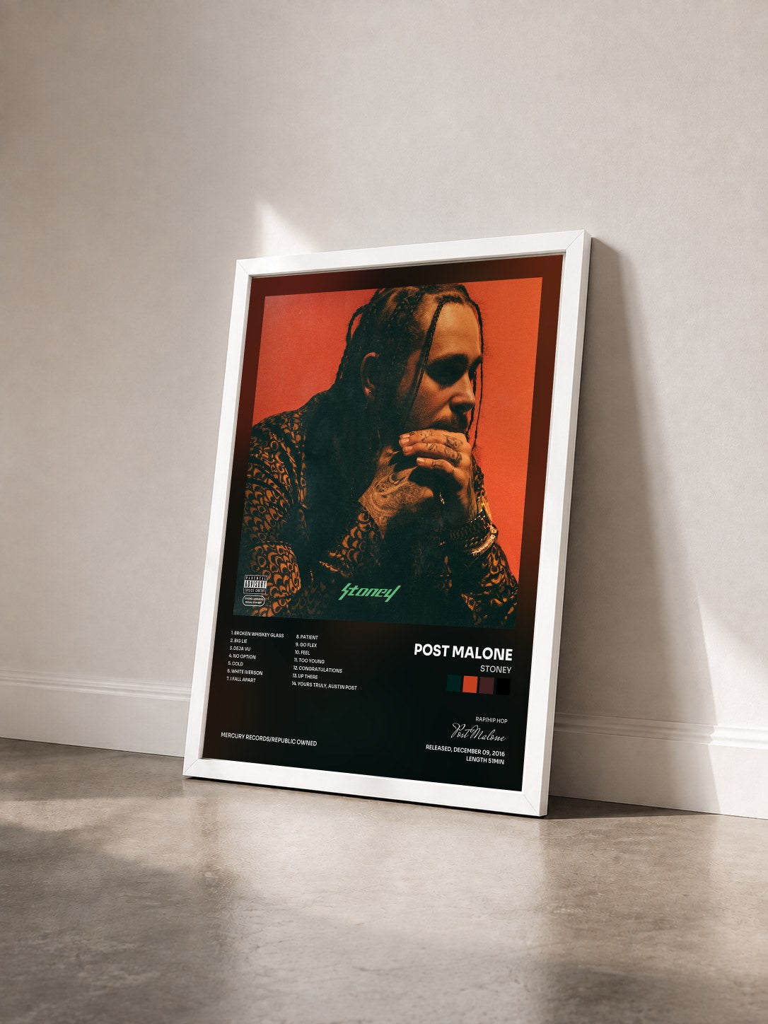 #blanc Tableau de l'album Stoney de Post Malone vu de trois quarts, cadre blanc