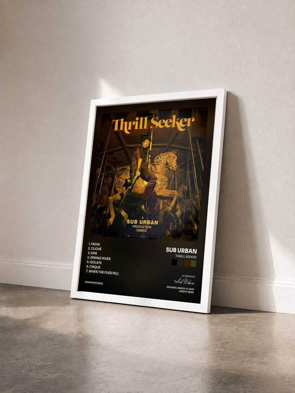 #blanc Tableau de l'album Thrill Seeker de Sub Urban vu de trois quarts, cadre blanc