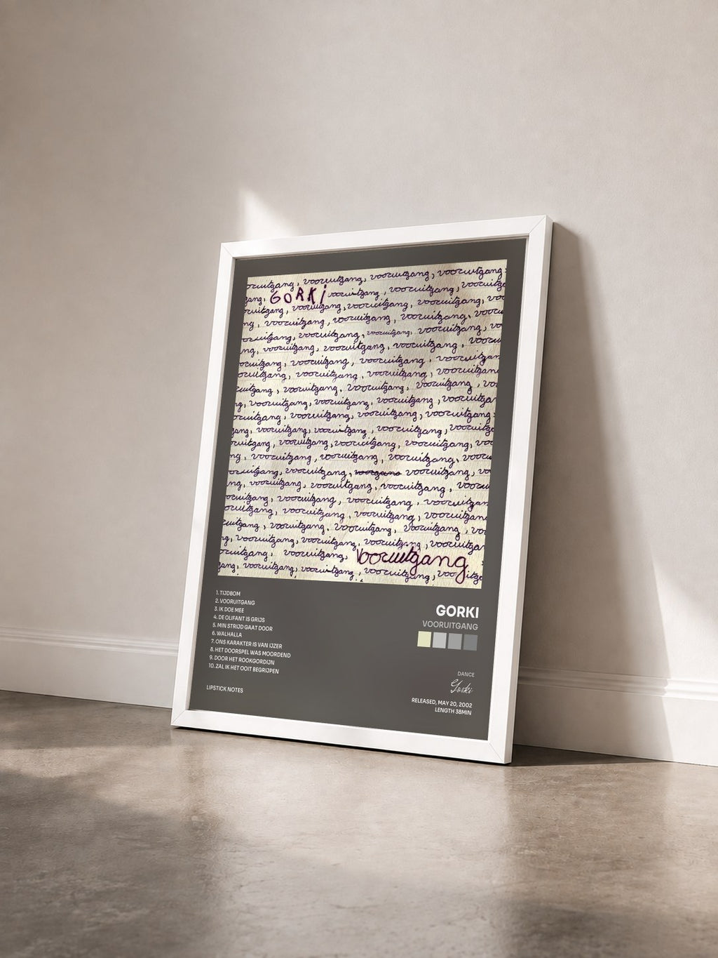 #blanc Vooruitgang by Gorki as a framed art print seen at an angle, white frame