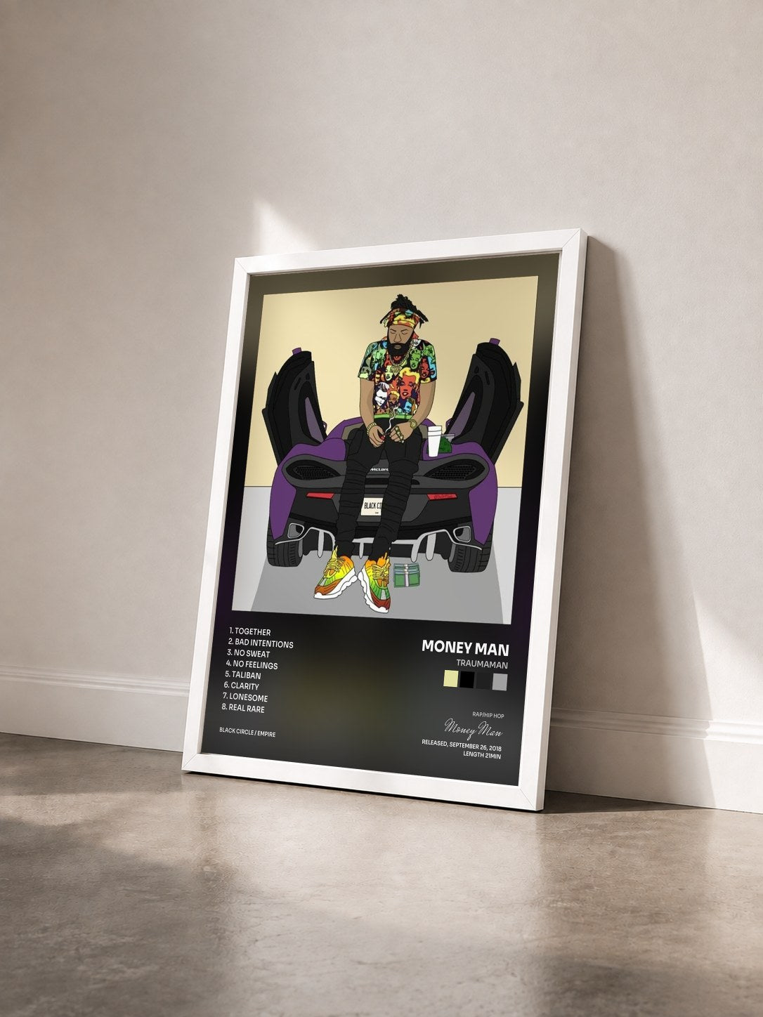 #blanc Tableau de l'album TraumaMan de Money Man vu de trois quarts, cadre blanc