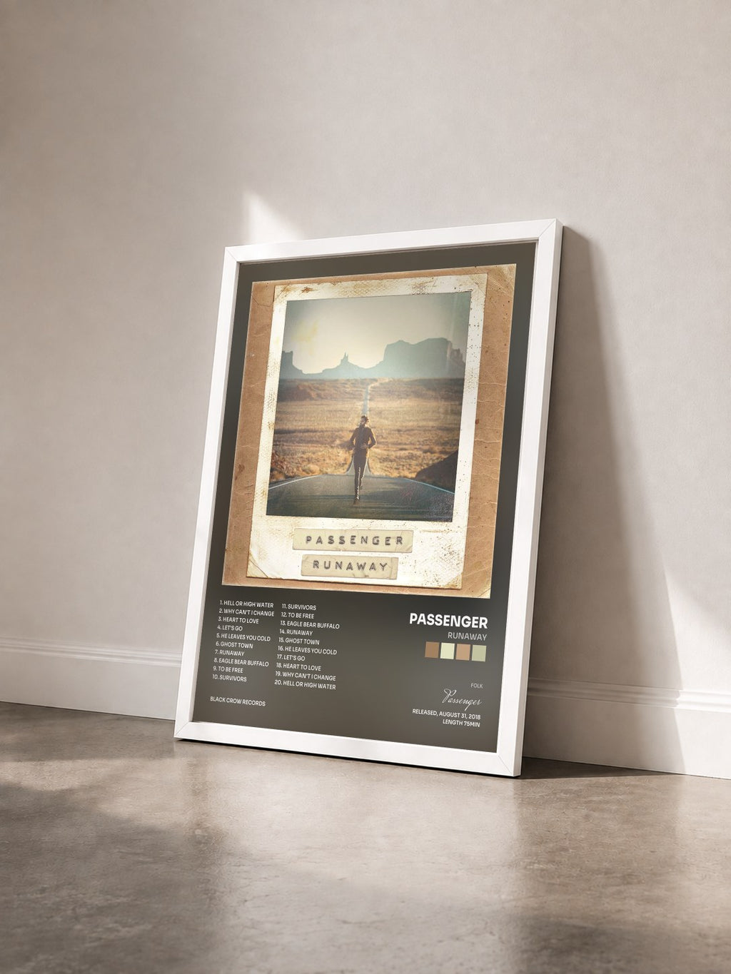 #blanc Tableau de l'album Runaway de Passenger vu de trois quarts, cadre blanc