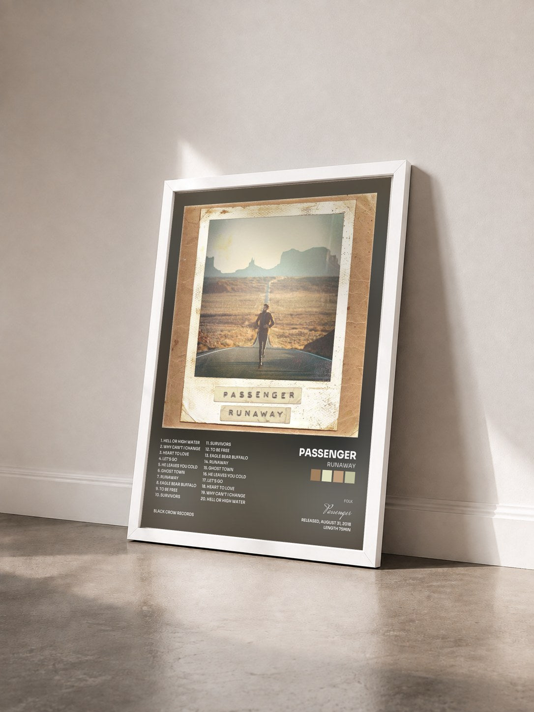 #blanc Tableau de l'album Runaway de Passenger vu de trois quarts, cadre blanc