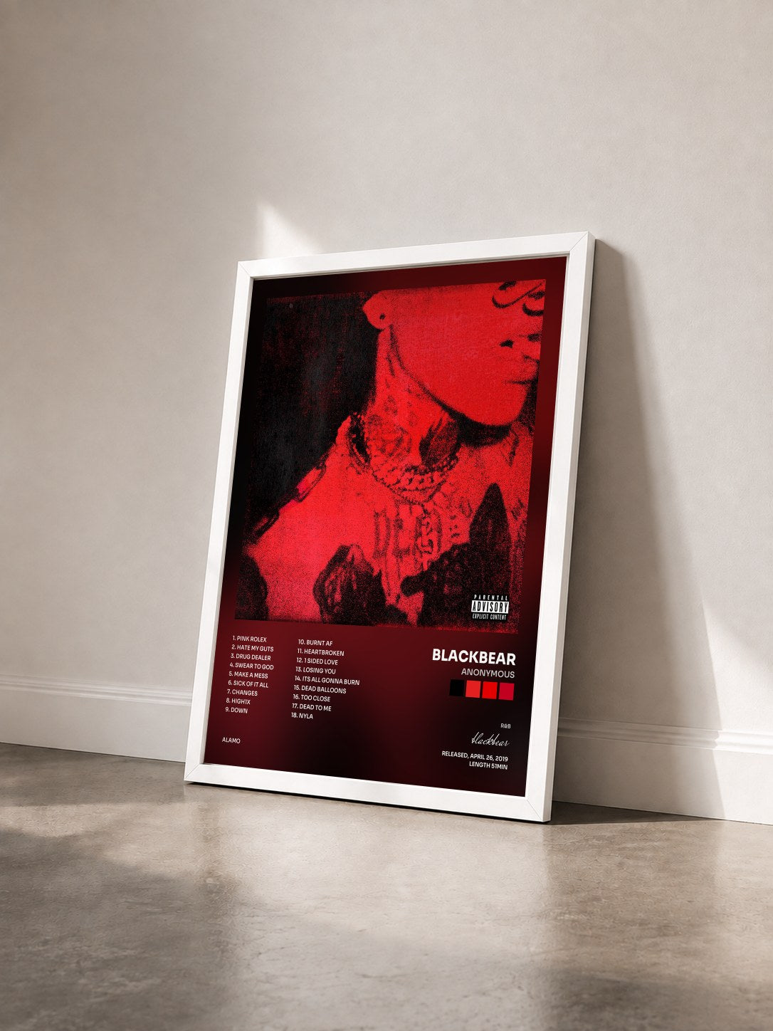#blanc Tableau de l'album ANONYMOUS de blackbear vu de trois quarts, cadre blanc