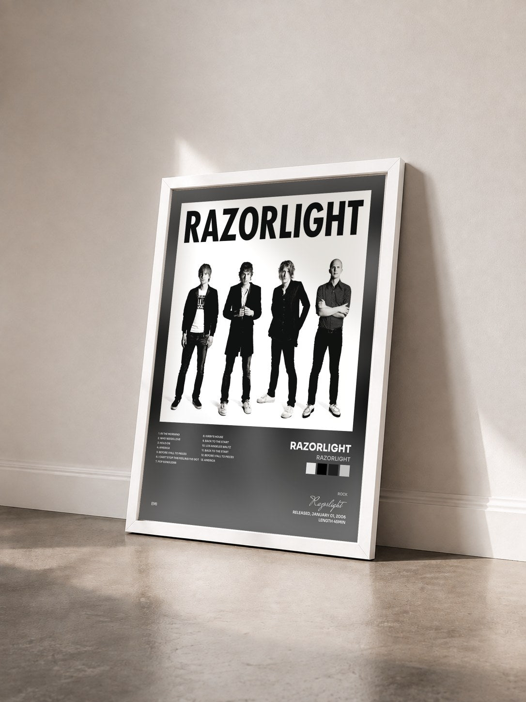 #blanc Tableau de l'album Razorlight de Razorlight vu de trois quarts, cadre blanc