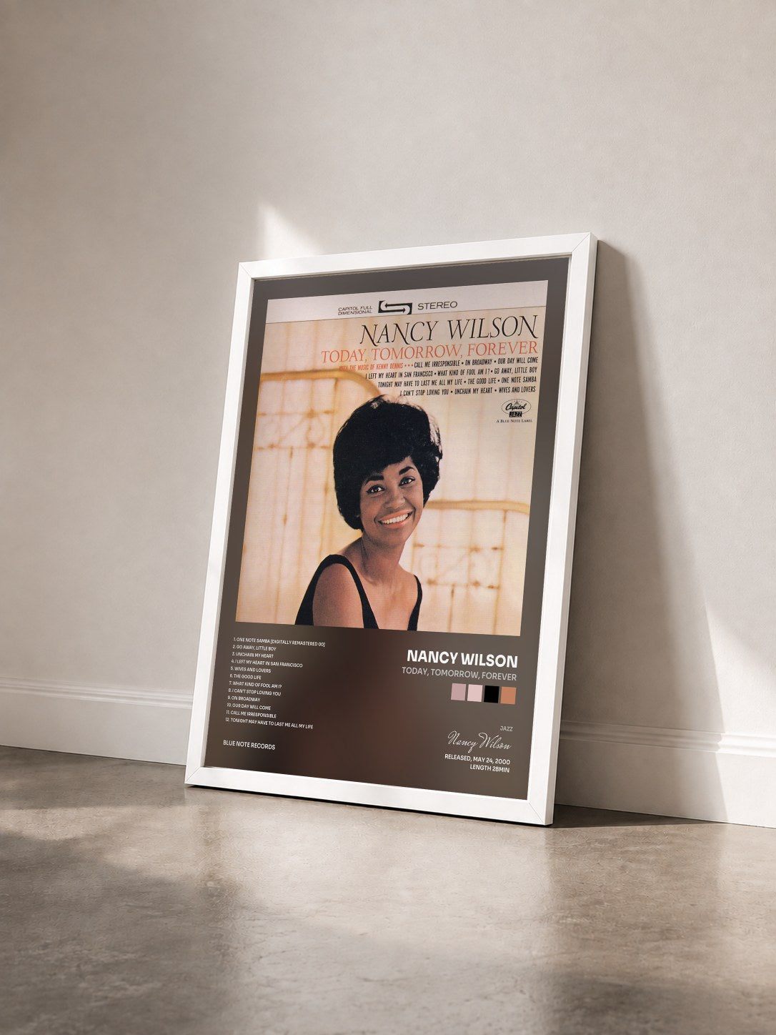 #blanc Tableau de l'album Today, Tomorrow, Forever de Nancy Wilson vu de trois quarts, cadre blanc