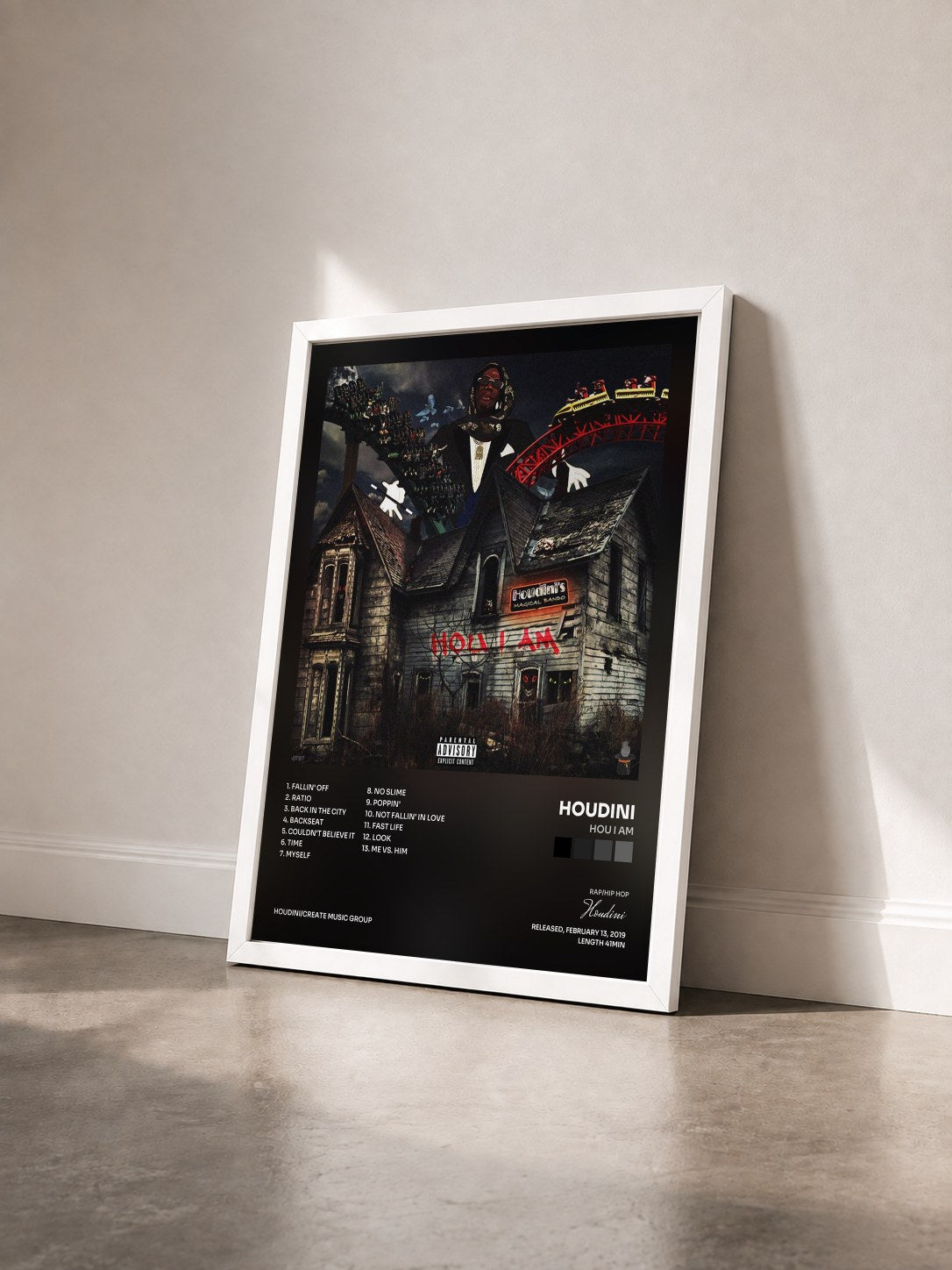 #blanc Tableau de l'album HOU I AM de Houdini vu de trois quarts, cadre blanc