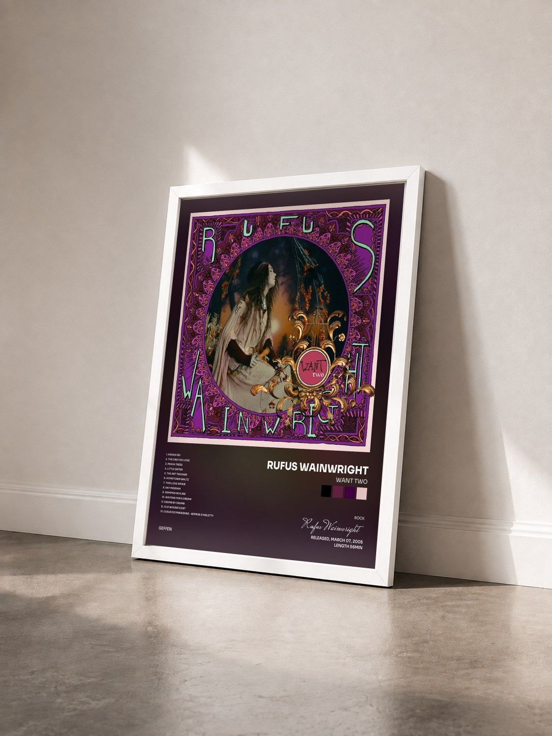 #blanc Tableau de l'album Want Two de Rufus Wainwright vu de trois quarts, cadre blanc