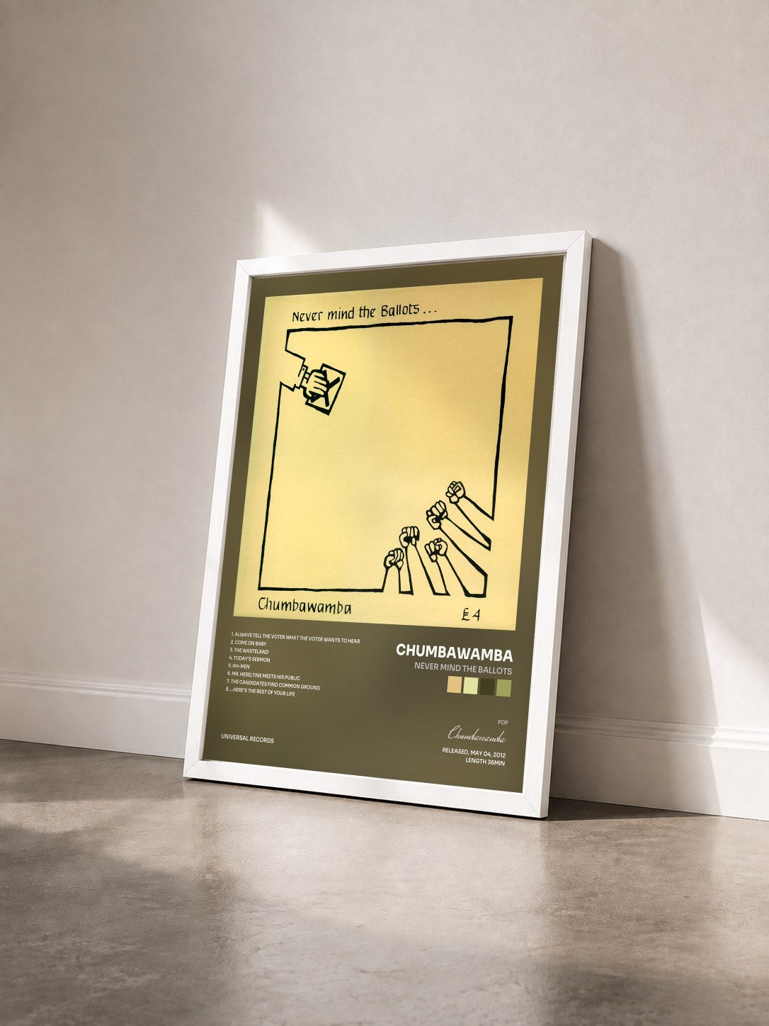 #blanc Tableau de l'album Never Mind The Ballots de Chumbawamba vu de trois quarts, cadre blanc