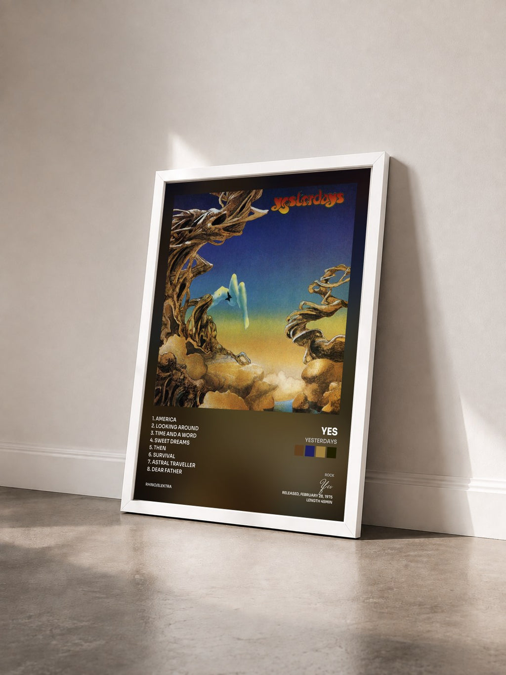 #blanc Tableau de l'album Yesterdays de Yes vu de trois quarts, cadre blanc