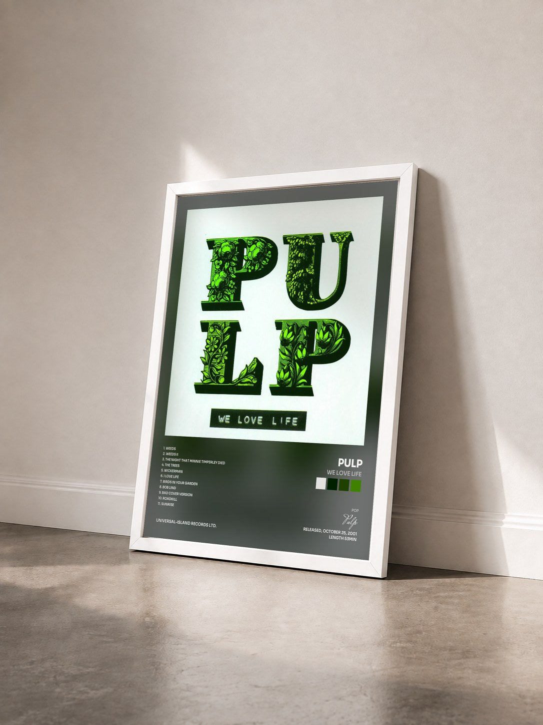 #blanc Tableau de l'album We Love Life de Pulp vu de trois quarts, cadre blanc