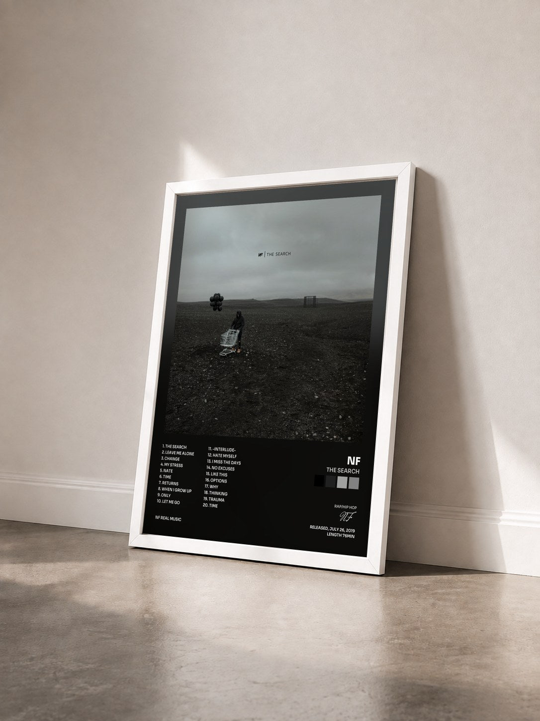 #blanc Tableau de l'album The Search de NF vu de trois quarts, cadre blanc