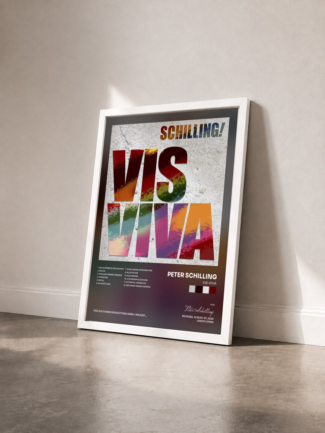 #blanc Tableau de l'album Vis Viva de Peter Schilling vu de trois quarts, cadre blanc