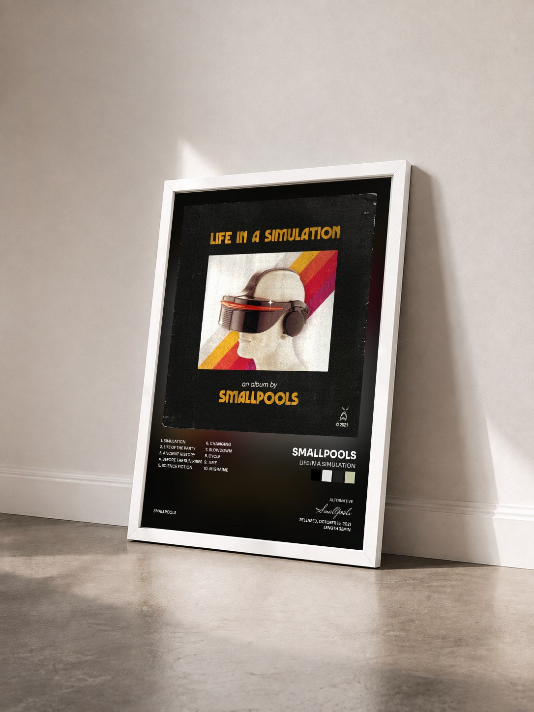 #blanc Tableau de l'album LIFE IN A SIMULATION de Smallpools vu de trois quarts, cadre blanc