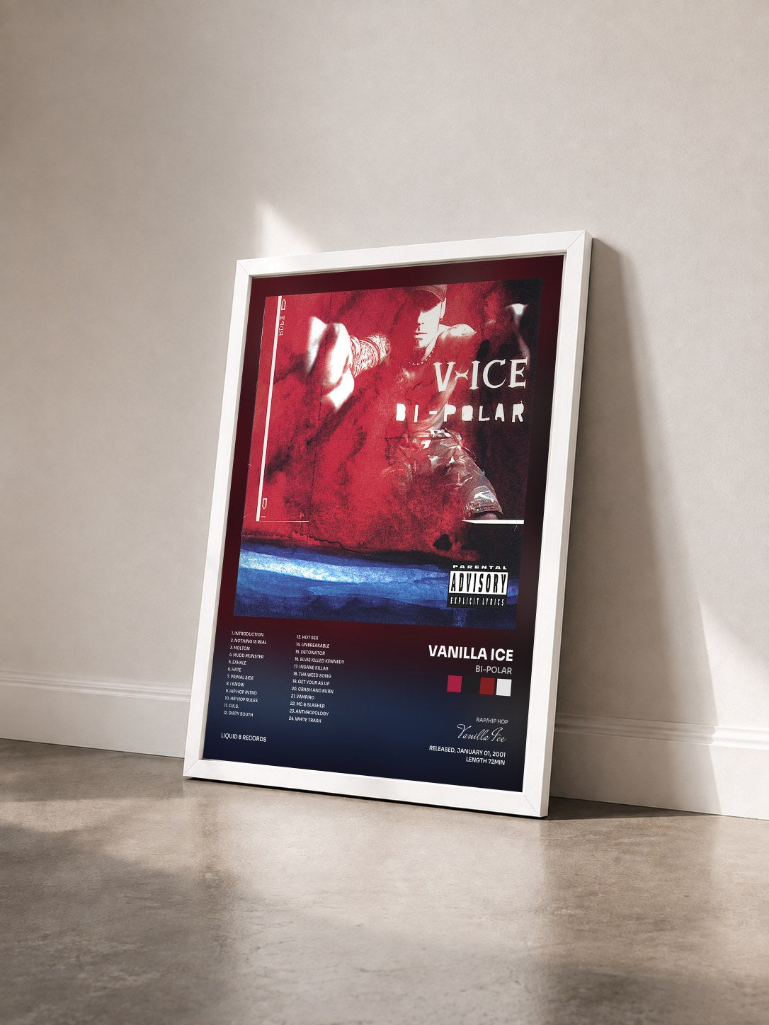 #blanc Tableau de l'album Bi-Polar de Vanilla Ice vu de trois quarts, cadre blanc