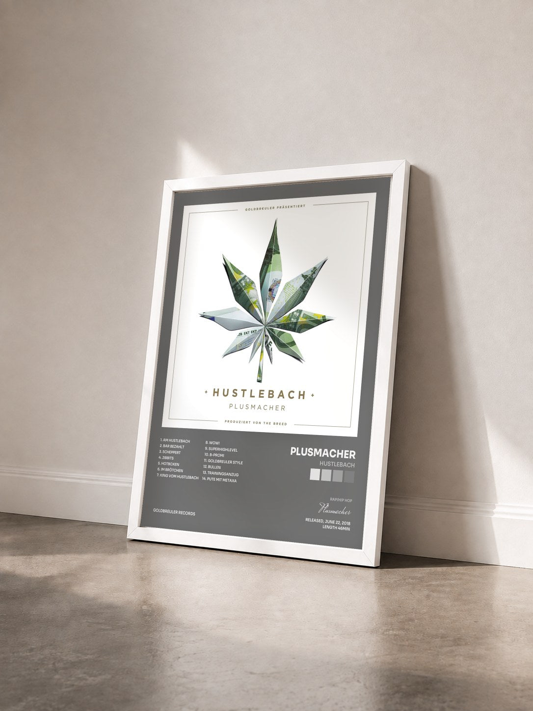 #blanc Tableau de l'album Hustlebach de Plusmacher vu de trois quarts, cadre blanc