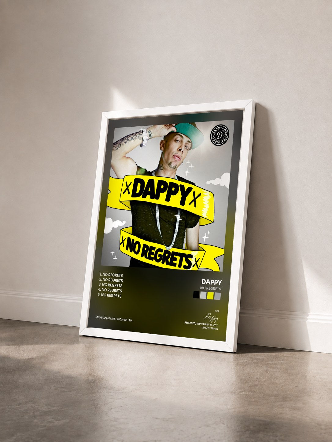 #blanc Tableau de l'album No Regrets de Dappy vu de trois quarts, cadre blanc
