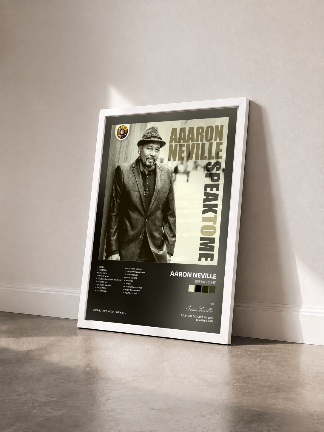 #blanc Tableau de l'album Speak to Me de Aaron Neville vu de trois quarts, cadre blanc