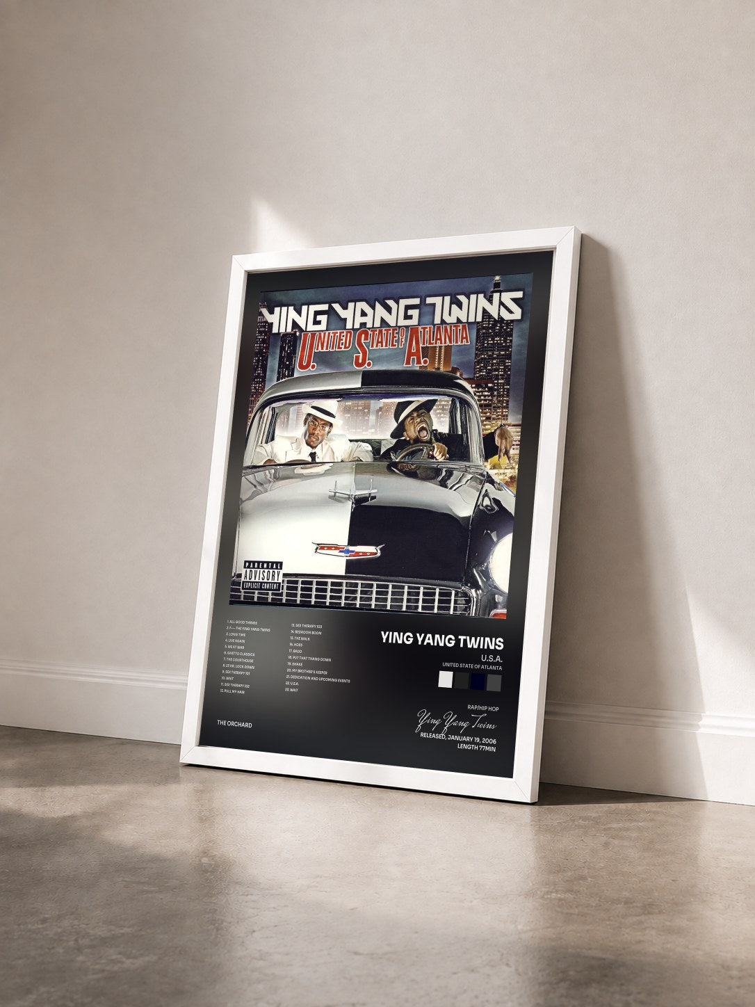 #blanc Tableau de l'album U.S.A. (United State of Atlanta) de Ying Yang Twins vu de trois quarts, cadre blanc