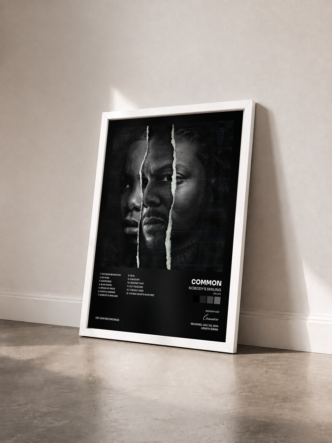 #blanc Tableau de l'album Nobody's Smiling (Deluxe) de Common vu de trois quarts, cadre blanc