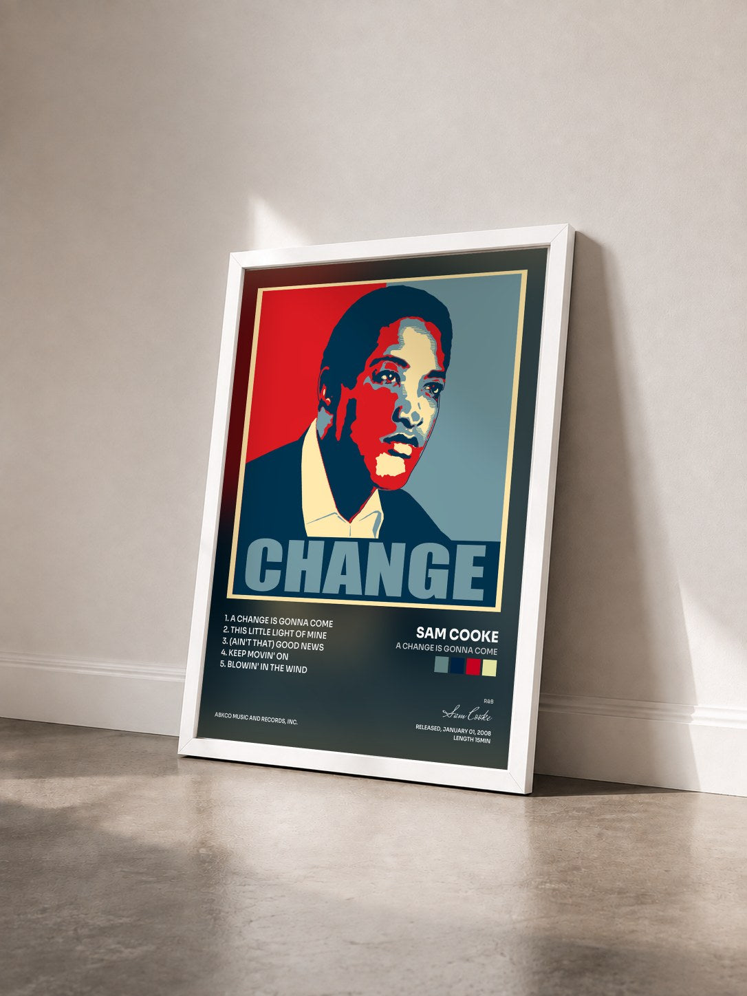 #blanc Tableau de l'album A Change Is Gonna Come de Sam Cooke vu de trois quarts, cadre blanc