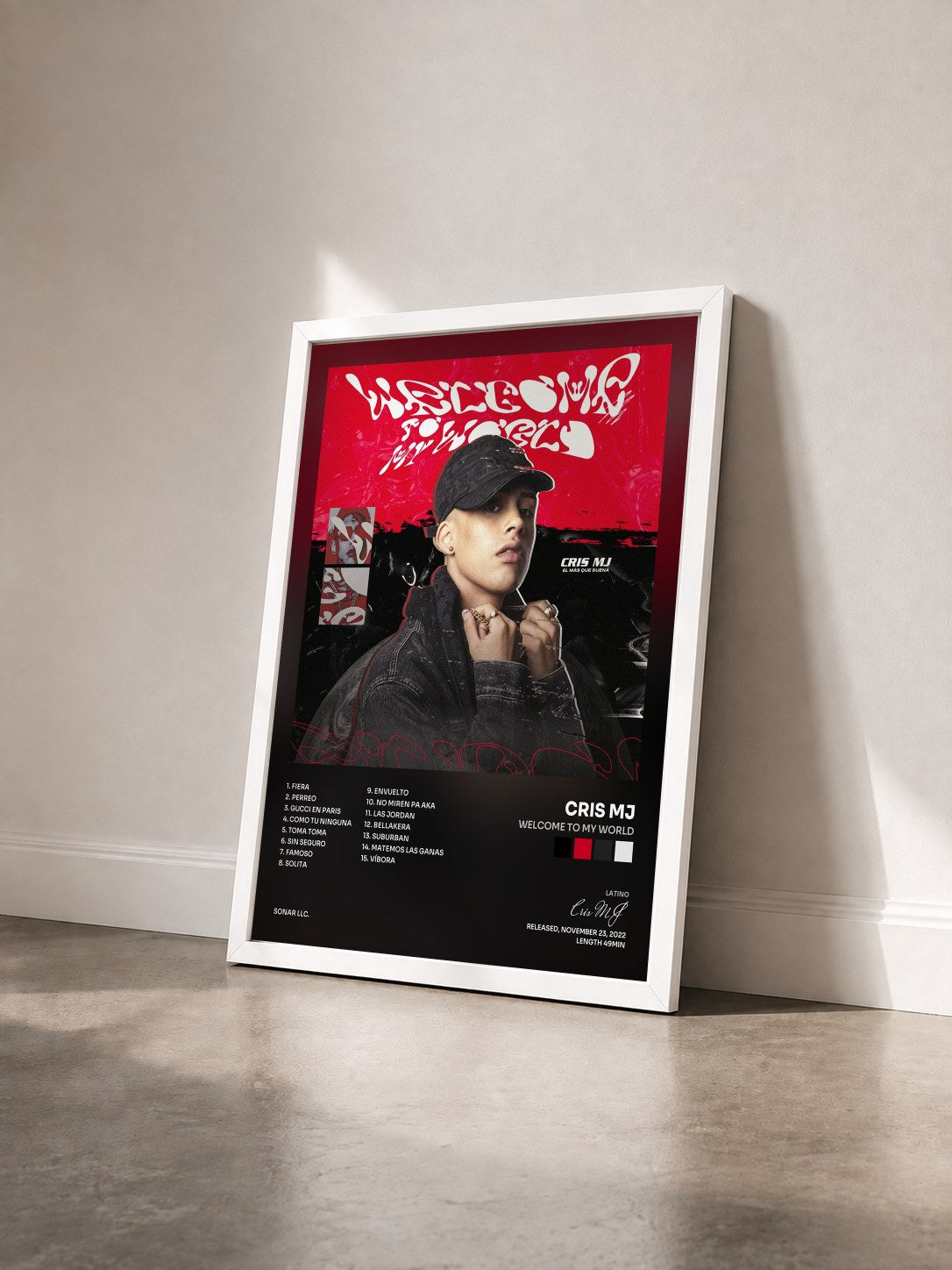 #blanc Tableau de l'album Welcome To My World de Cris MJ vu de trois quarts, cadre blanc