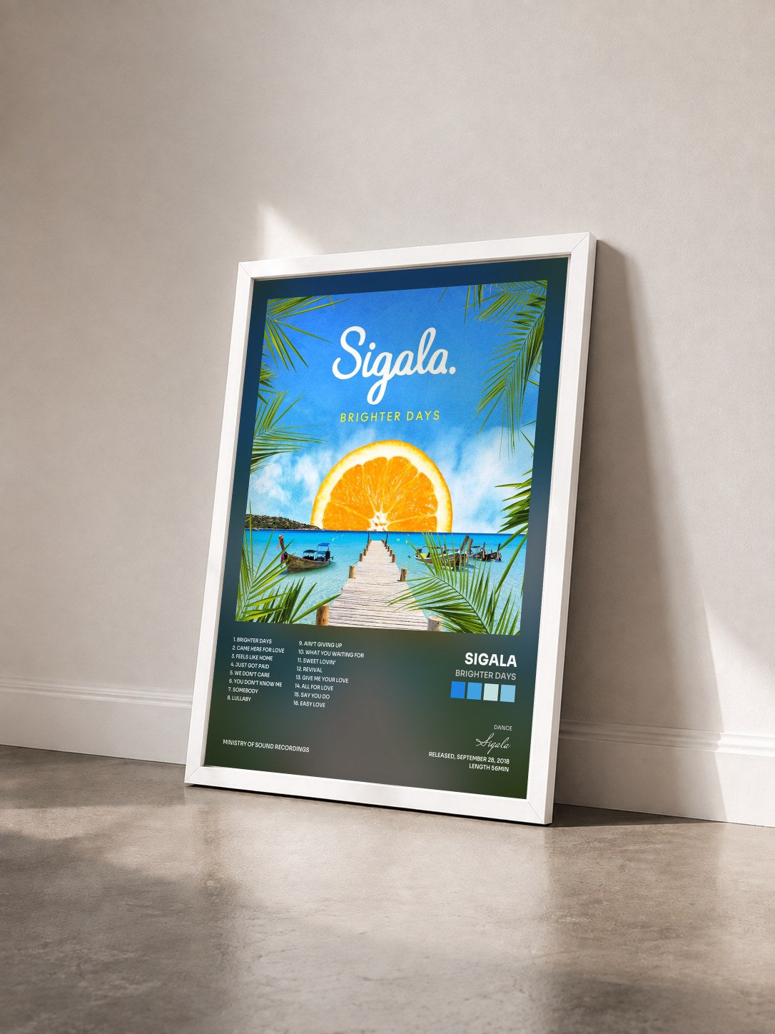 #blanc Tableau de l'album Brighter Days de Sigala vu de trois quarts, cadre blanc