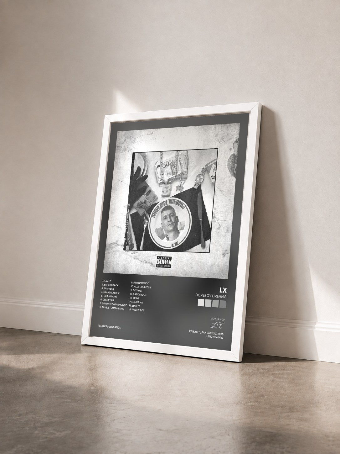 #blanc Tableau de l'album DOPEBOY DREAMS de LX vu de trois quarts, cadre blanc