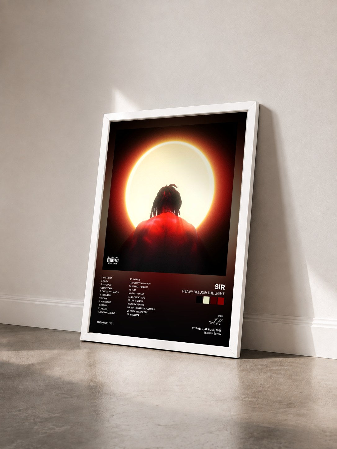 #blanc Tableau de l'album Heavy Deluxe: THE LIGHT de SiR vu de trois quarts, cadre blanc
